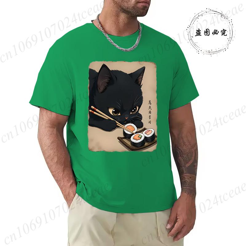 T Shirt for Men Black Cat Sushi Printed Men Fashion Style Design Clothing Anime Cat Cartoon Men TShirt Casual Tees Short Sleeve