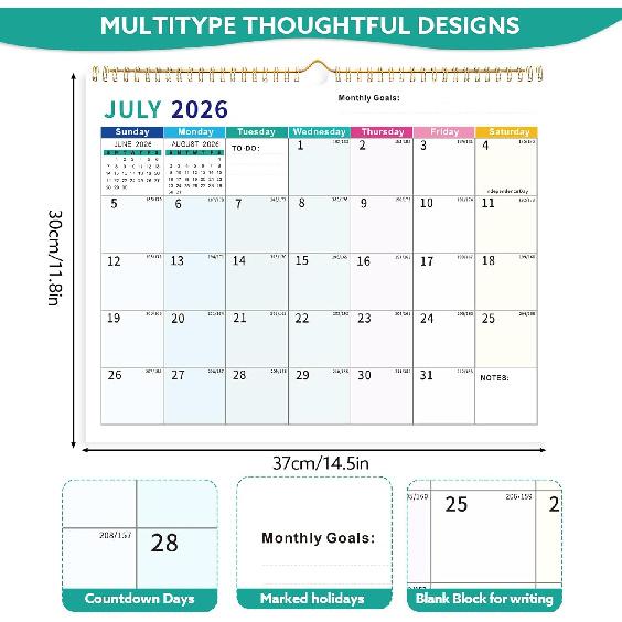 Wall Calendar 2026-2027, 18 Month Large Desk Calendar from January 2026 To June 2027 14.5" X 11.8" Monthly Calendar with Twin-Wire Binding for Home