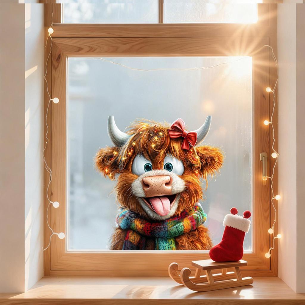 4pcs Christmas Window Decals Cute Highland Cow Static Transparent Glass Stickers Electrostatic Adhesion Glass Door Holiday Decal