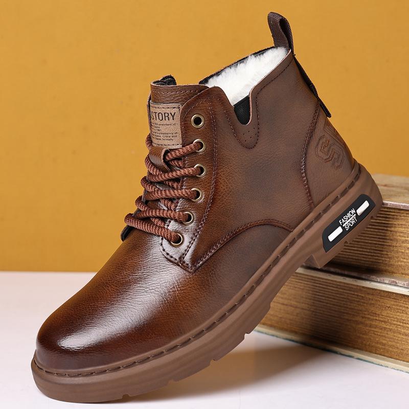 2025 Winter Genuine Leather Shoes Mens Snow Boots Warm Plush Flat Brand Male Ankle Boots Black Brown Non-slip