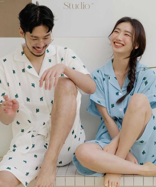 

[Paran] Cactus Yarn-dyed Cotton Short-Sleeve Couple Pajama Set [Shipped from Korea] 100% Authentic Blue 2XL