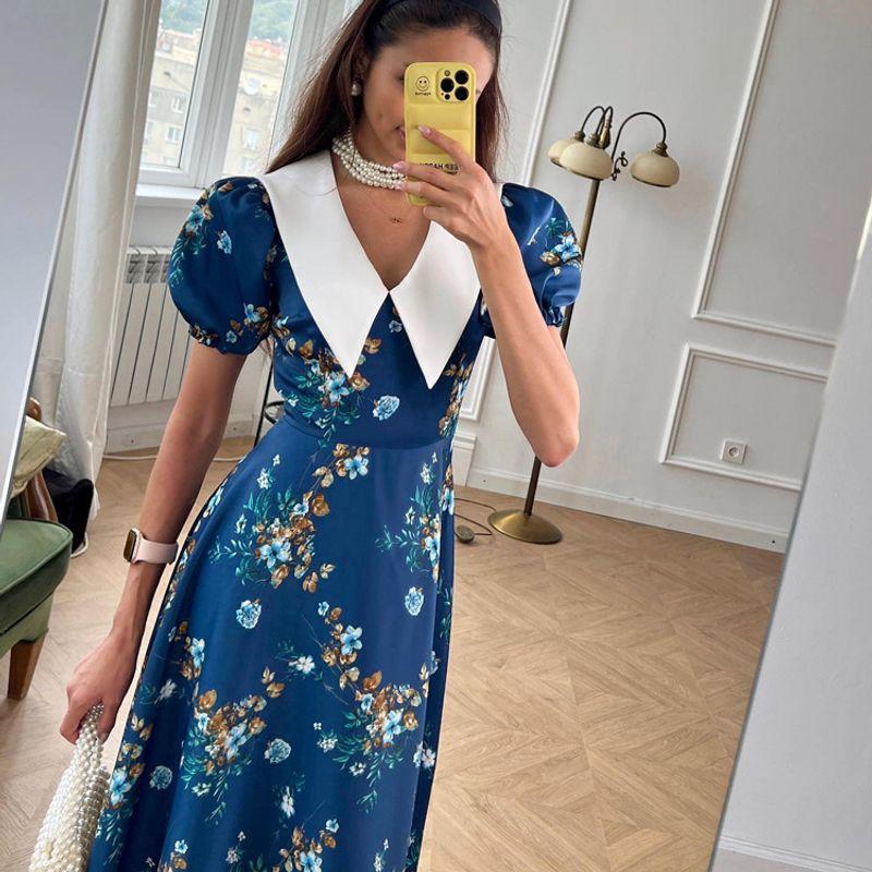 

French style Spring and Autumn Doll Collar Short sleeve Dress Women Blue Floral Slimming First Love Style Long dress Blue L