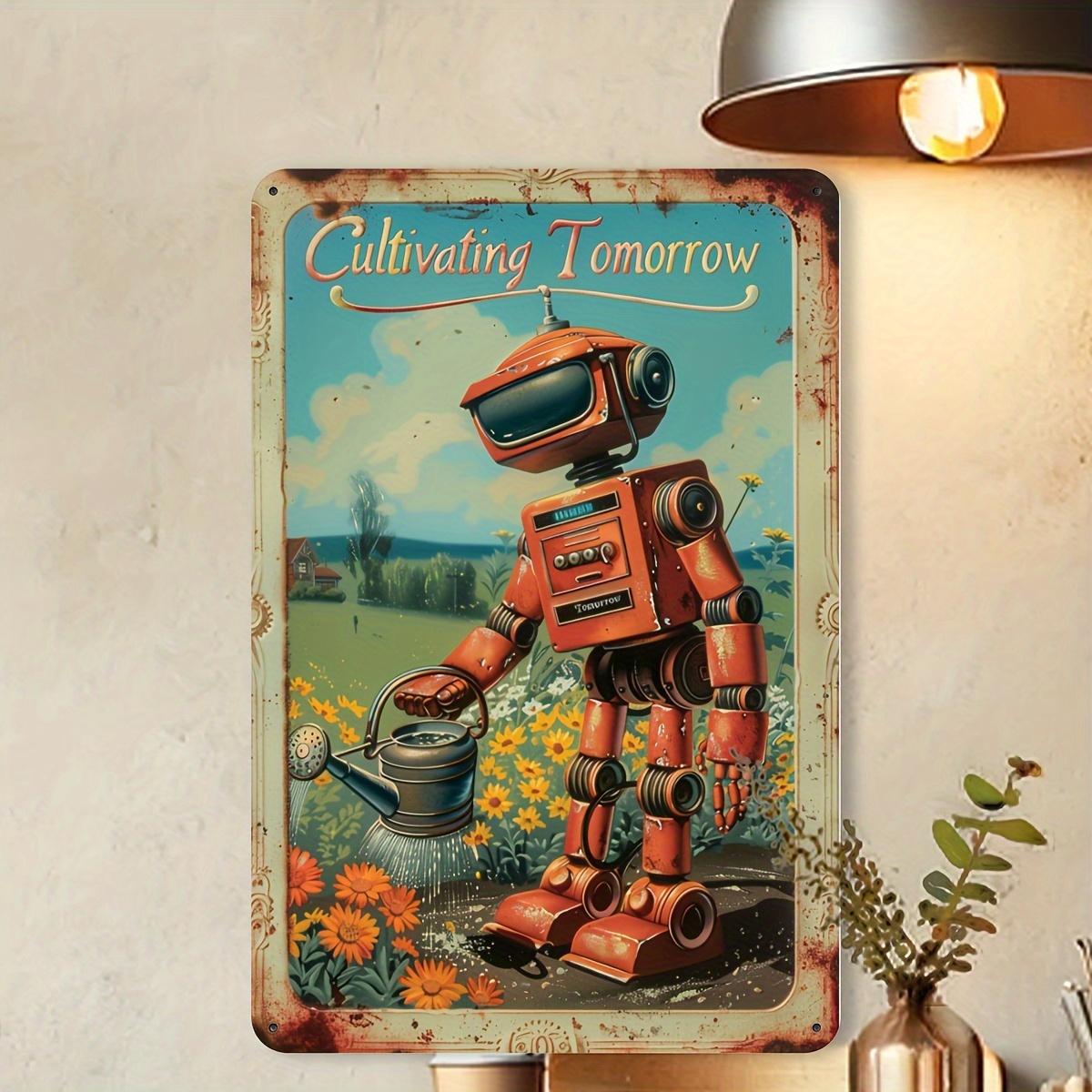

[2D Flat] Cultivate Tomorrow Vintage Metal Tin Sign, Fun Robots and Flowers Wall Art Decor, Gym Bar Cafe Garage Tin Painting, Re 20X30CM