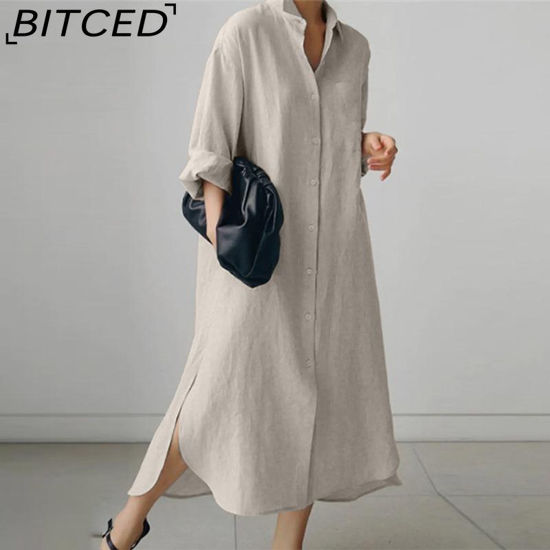 BITCED Women's Casual Loose Turn-Down Collar Long Sleeve Shirt Dress