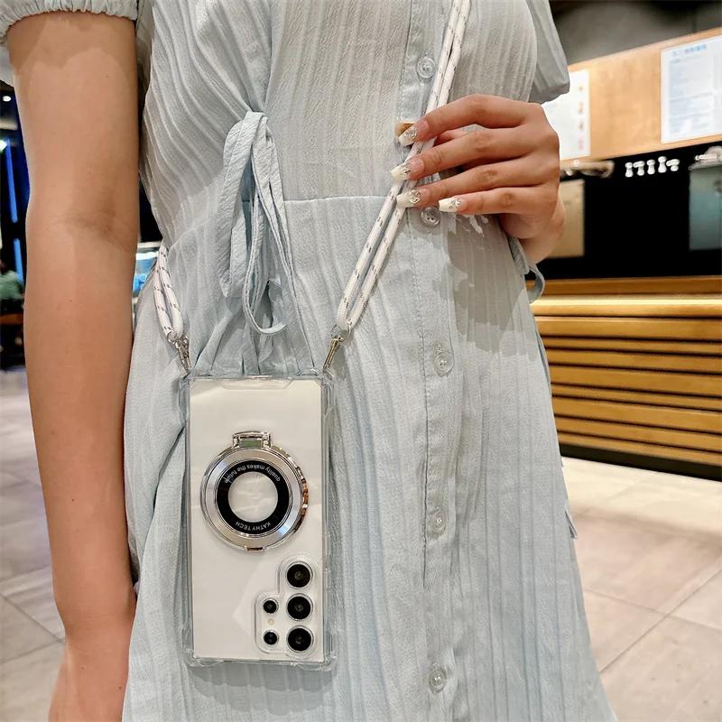 Crossbody Lanyard Magnetic Phone Case for Samsung Galaxy S25 S24 S22 Ultra Plus S23 FE A35 A55 A16 A26 A36 A56 Ring Cover