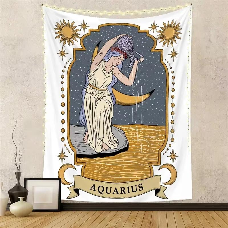 Twelve Constellations Wall Tapestry Hanging Tarot Hippie Wall Rugs Moon Sun Wall Art Decor Background Cloth Mandala Home Decor