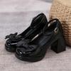 New Women's Platform Pumps with Bow Knot Chunky Block Heel Ankle Strap Patent Leather Party Shoes Black/Beige Mary Jane Shoes