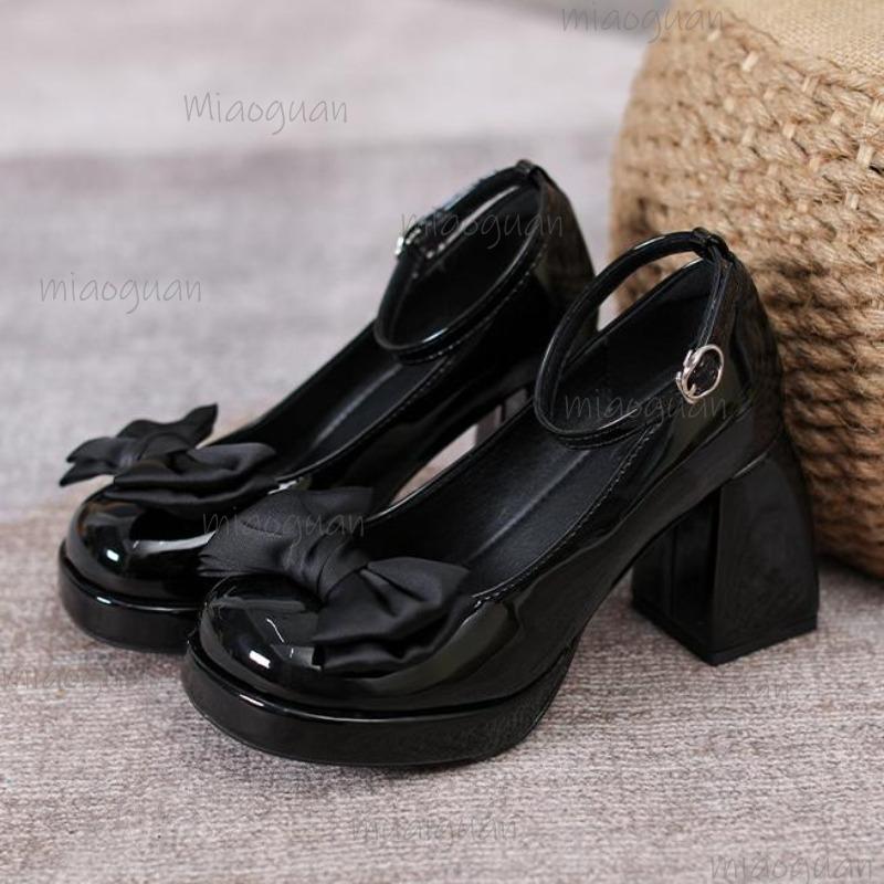 New Women's Platform Pumps with Bow Knot Chunky Block Heel Ankle Strap Patent Leather Party Shoes Black/Beige Mary Jane Shoes