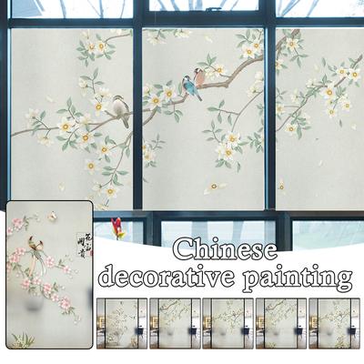 Sichtschutzfolien für Fenster im chinesischen Stil, chinesische Tuschmalerei, Blumen, Vögel, Glasfolie, selbstklebend, statisch haftend, mattierte Aufkleber