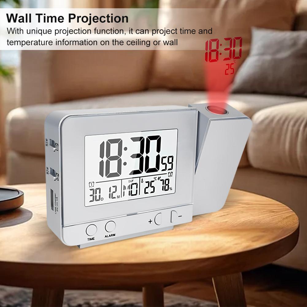 Projection Alarm Clock Digital Clock LED Display Temperature Humidity Monitor 180° Rotatable Projector 5mins Snooze for Bedroom