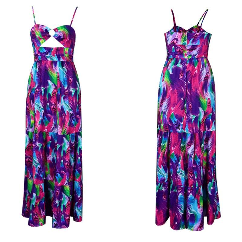 Sexy a módní tištěné letní šaty se špagetovými ramínky a kolovou sukní pro ženy