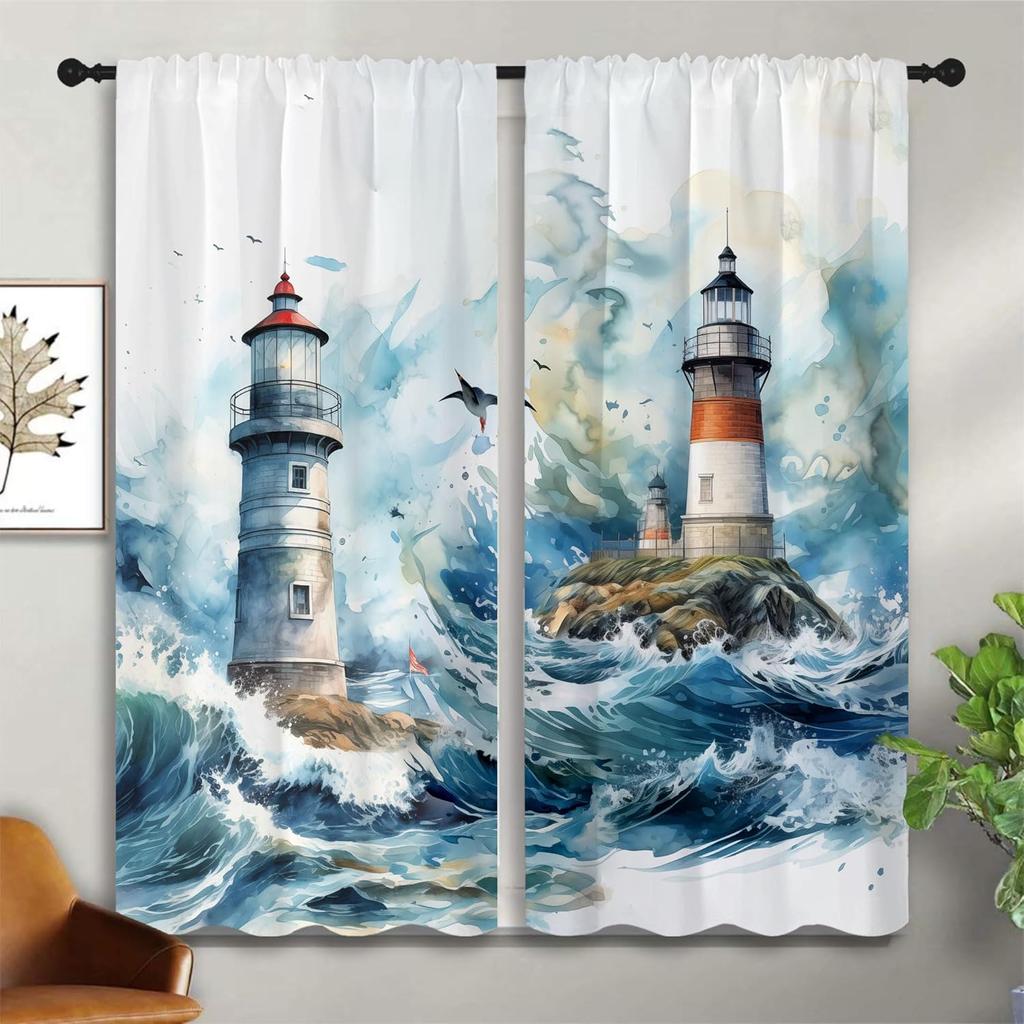 Nautical Lighthouse Rod Pocket Blackout Curta For Boy Girl Bedroom, Waves Seagull Blue Watercolor Art Thermal Insulated Home