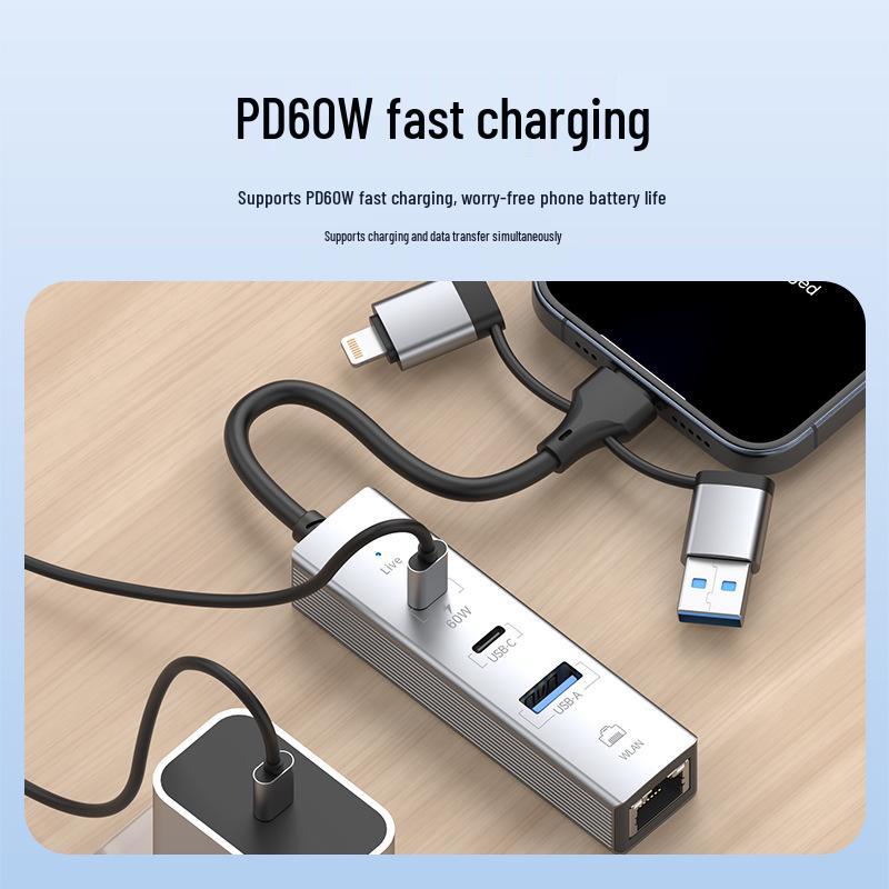 USB Hub with 100M Network Card - Driver-Free, Three-in-One, Laptop Multifunctional Extender