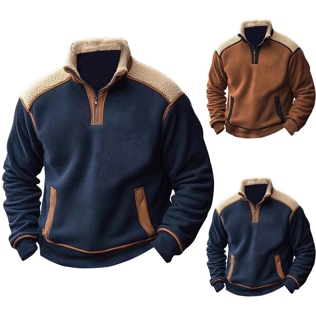 Men's Colorblock Lambskin Half Zip Stand Collar Sweatshirt Men's Sports Large Size Casual Stand Collar Sweatshirt