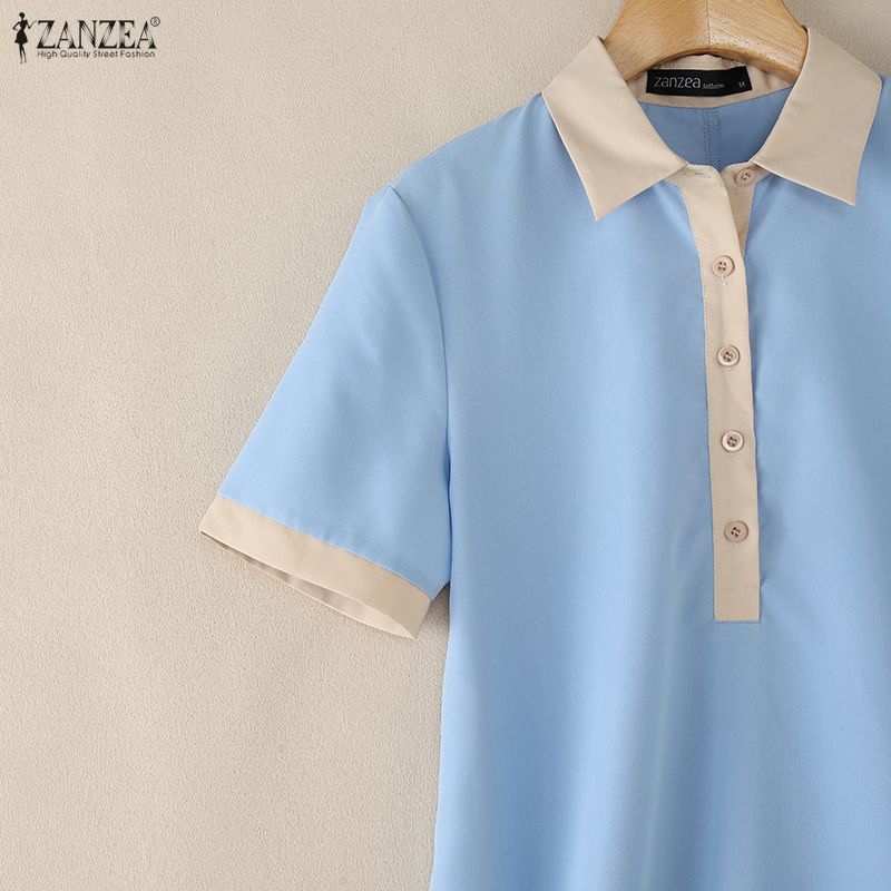 ZANZEA Women Casual Turn Down Collar Short Sleeve Shirt Dress