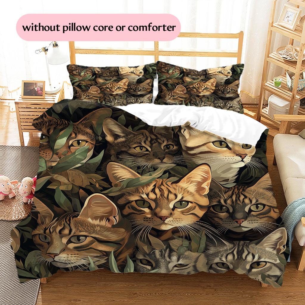 Bengal Cat and Grassland Pattern Bedding Home Decoration Birthday Gift (1 * Duvet Cover + 2 * Pillowcase, Without Core)