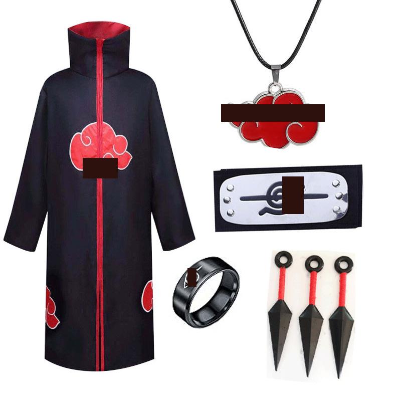 Hot Sale Anime Ninja Akatsuki Organization Cloak Set Forehead Ring Headband Necklace Kuwo Handsword Set
