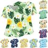 Women V Neck Medical Scrub Top Hawaiian Print Short Sleeve Nurse Uniform with Pockets Side Slits Comfortable Fit Workwear
