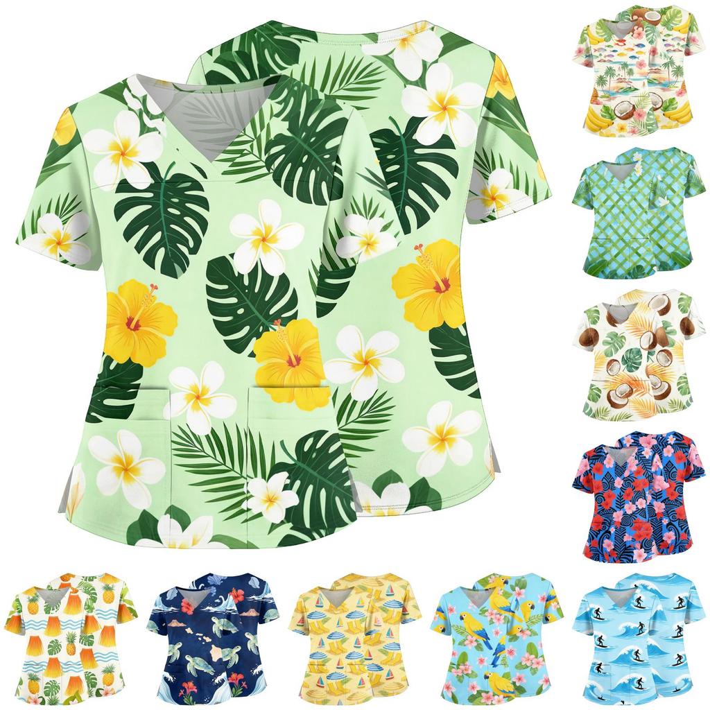Women V Neck Medical Scrub Top Hawaiian Print Short Sleeve Nurse Uniform with Pockets Side Slits Comfortable Fit Workwear