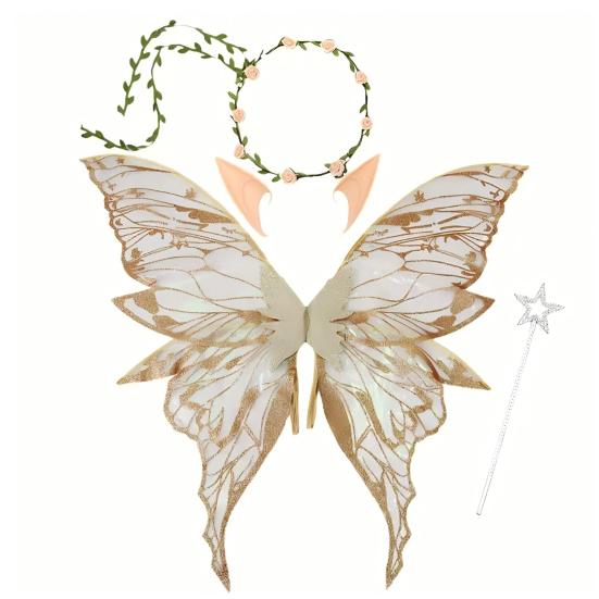 Fairy Wings for Adults And Girls Butterfly Fairy Costume Set with Floral Garland Wand Elf Ears Gradient Organza Butterfly Wings