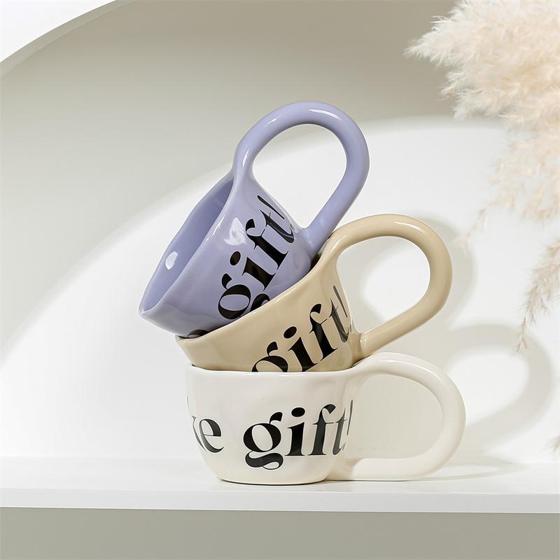 350ml Hand Pinched Irregular Coffee Cups English Alphabet Pattern Ceramic Mug Large Handle Milk Oatmeal Cup Home Water Cup