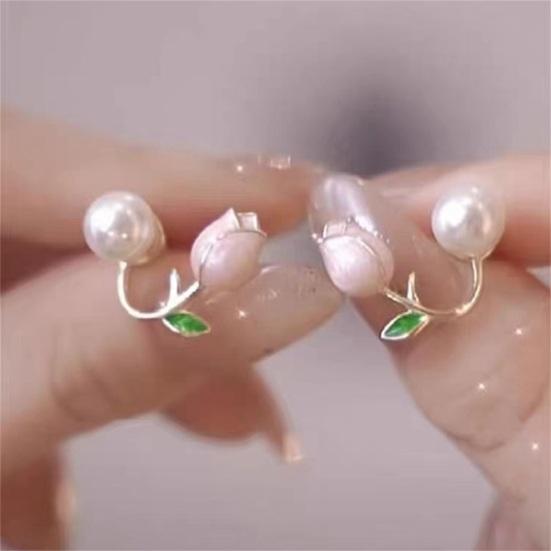 1 Pair Stud Earrings Flower Faux Pearl Jewelry Korean Style Dripping Oil Ear Studs