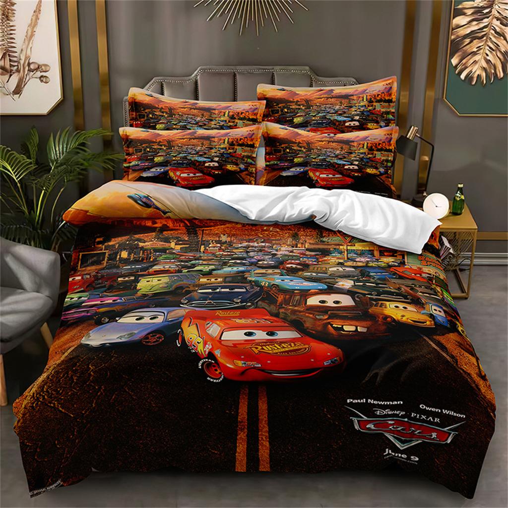 Cartoon Cars Bedding Sets with 1/2 Pillowcases, Lightning McQueen Duvet Cover Boy's Bedclothes Bed Linen Gift for Kids Boys