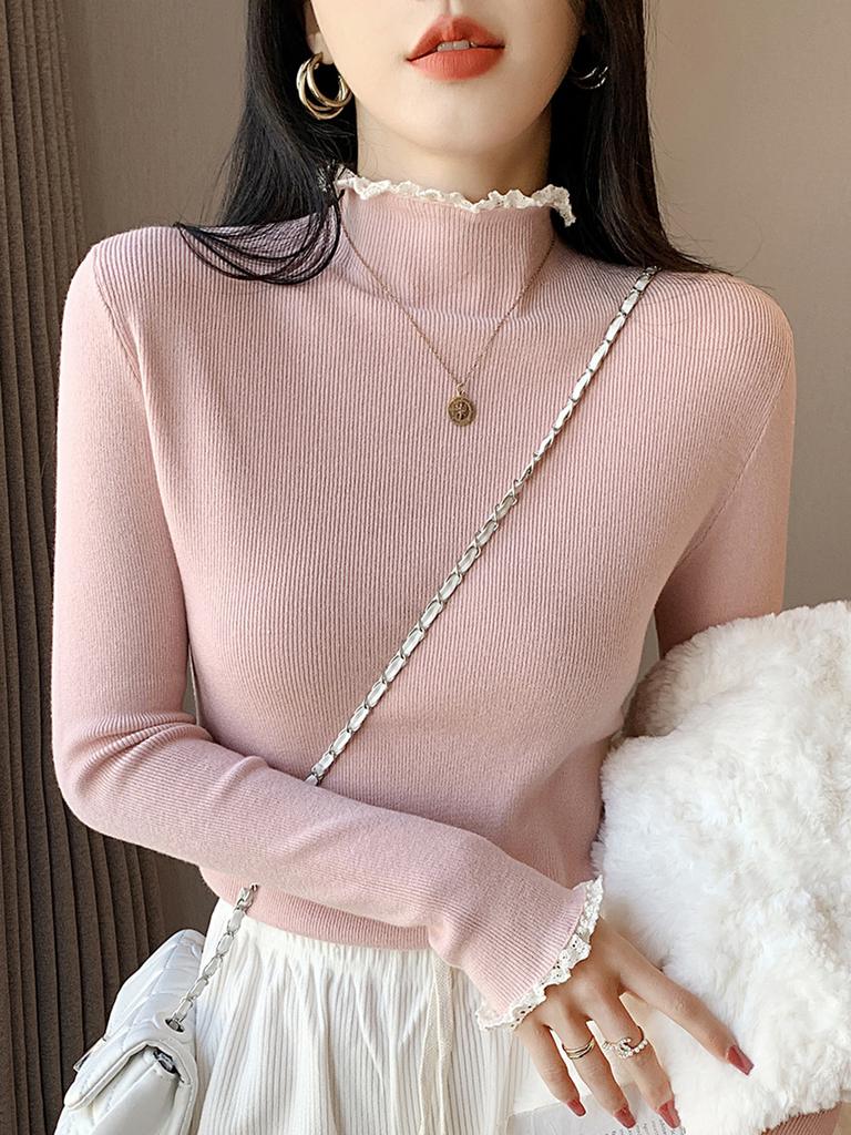 Semi-turtleneck lace bottoming shirt women's spring inner top age-reducing design knitted sweater