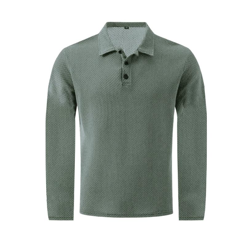 Men's Polo Shirts Fashion Solid Color Mens Long Sleeve Tops Button Mesh T-shirts Yahseng