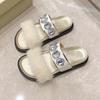 Cool Slippers Women's Summer New Soft Leather Fashion Square Diamond Outside Wear Flat Beach Word with Mink Hair Shoes