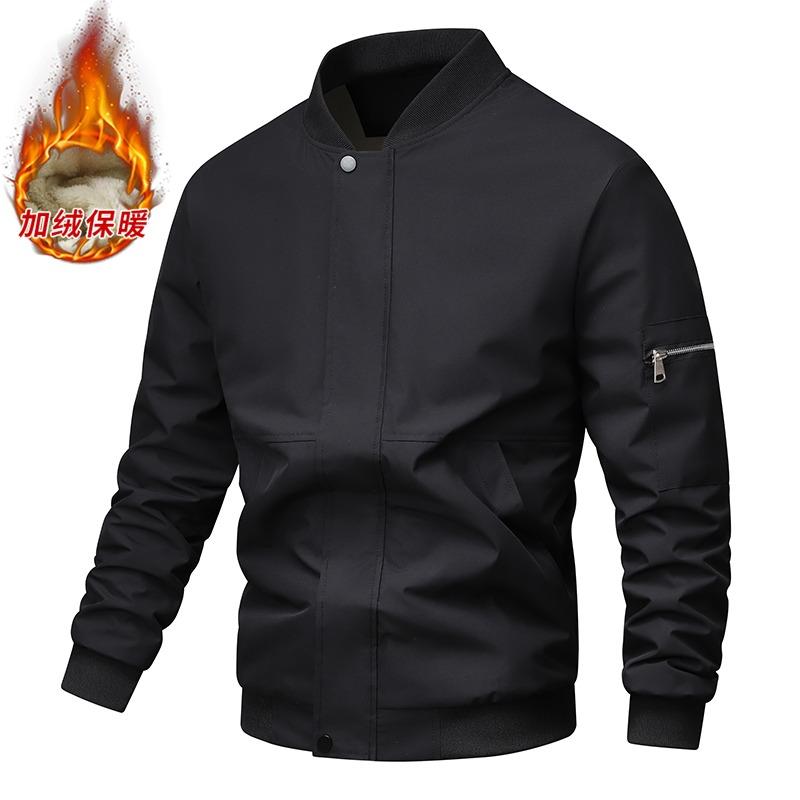 Men's Fleece-Lined Bomber Jacket Warm Stand Collar Navy Blue Casual Windproof Outerwear