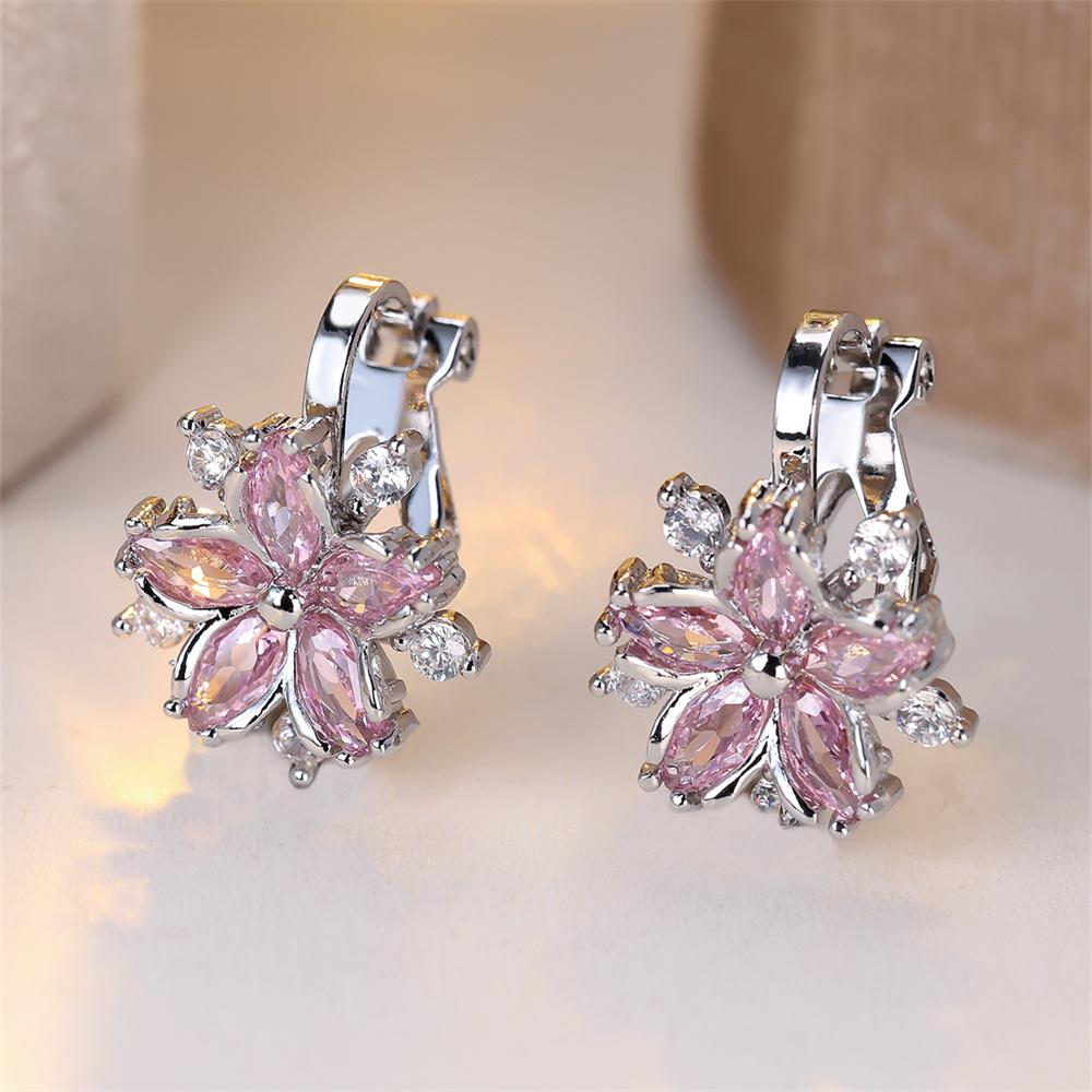 Rainbow Zircon Cute Flower Earring Multicolor Crystal Sakura Clip Earrings For Women Vintage Silver Color Bridal Wedding Jewelry