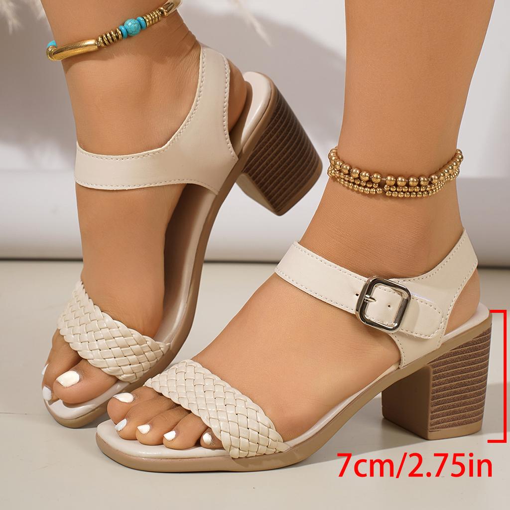 Fashion Bohemia Ethnic Weave Straps Sandals Women Square Toe High Heels Sandals Women 2025 Summer Casual Beach Ankle Strap Shoes