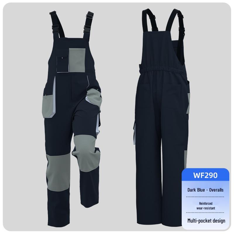 Cross-Border 3D Color-Block Multi-Pocket Hooded Strap Overalls for Labor Protection 3XL