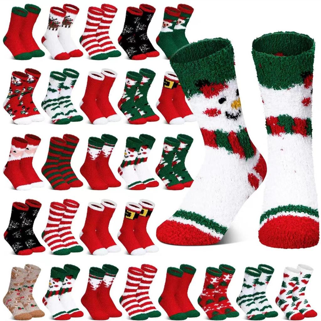 Kawaii Christmas Socks Autumn Winter Thicken Warm Mid-tube Plush Women Socks Coral Fleece Cartoon Homewear Floor Sleeping Socks