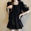 Women's Plus Size Square Neck Puff Sleeve Top - Summer 2025, Loose Slimming Tummy-Concealing Design