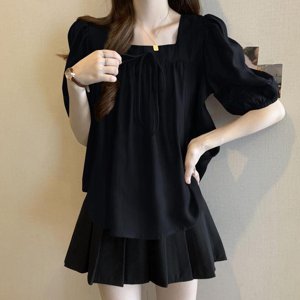 Women's Plus Size Square Neck Puff Sleeve Top - Summer 2025, Loose Slimming Tummy-Concealing Design