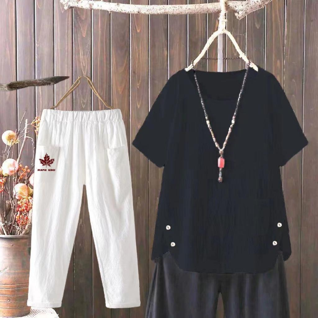 2pcs Cotton Linen Pants Suits Summer Women's Round Neck Cotton Linen Blouse Elastic Waist Cotton Linen Harem Pants Two-Piece Set Casual  Outfits