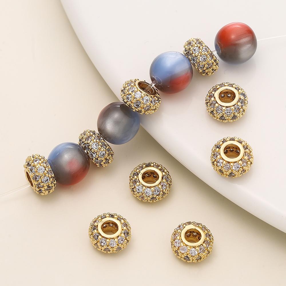 2Pcs/Lot 18K Gold Plated Brass Flat Round Spacer Charm Beads with Zircon for DIY Bracelet Necklace Jewelry Making Accessories