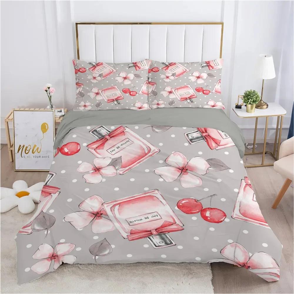 Perfume Floral Duvet Cover Set Pink Makeup Bedding Set with Pillowcase,Girls Women Romantic Fashion Gifts Comforter Cover Set