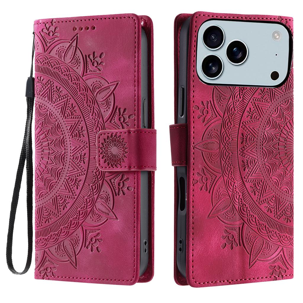 For iPhone 17 Pro Max Case Imprinted Totem Skin Feel Wallet Leather Phone Cover with Hand Strap