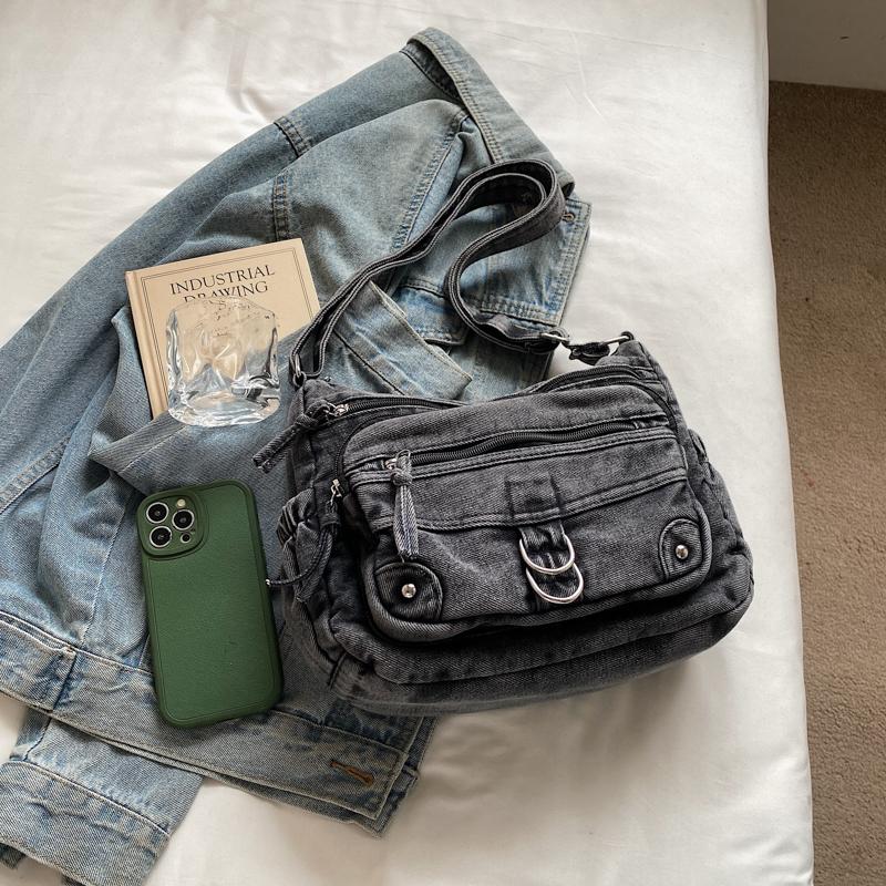 Vintage Denim Crossbody Bag Multi-Pocket Women's Shoulder Bag