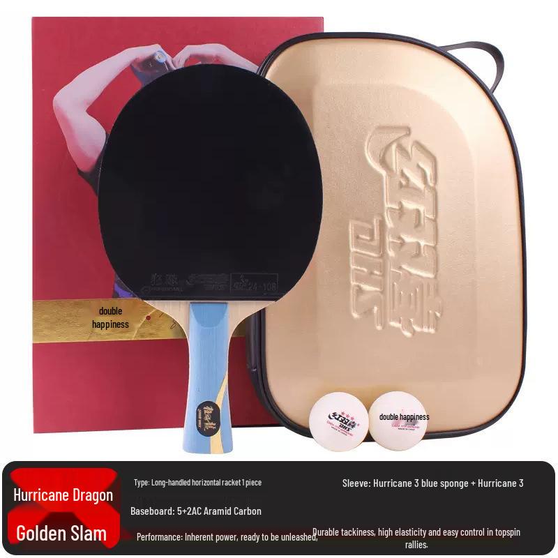 Tianji Table Tennis Racket: Double Happiness 7-Ply Wood, Blue Sponge, Double Inverted Rubber, Offensive Blade, Straight Handle/Penhold
