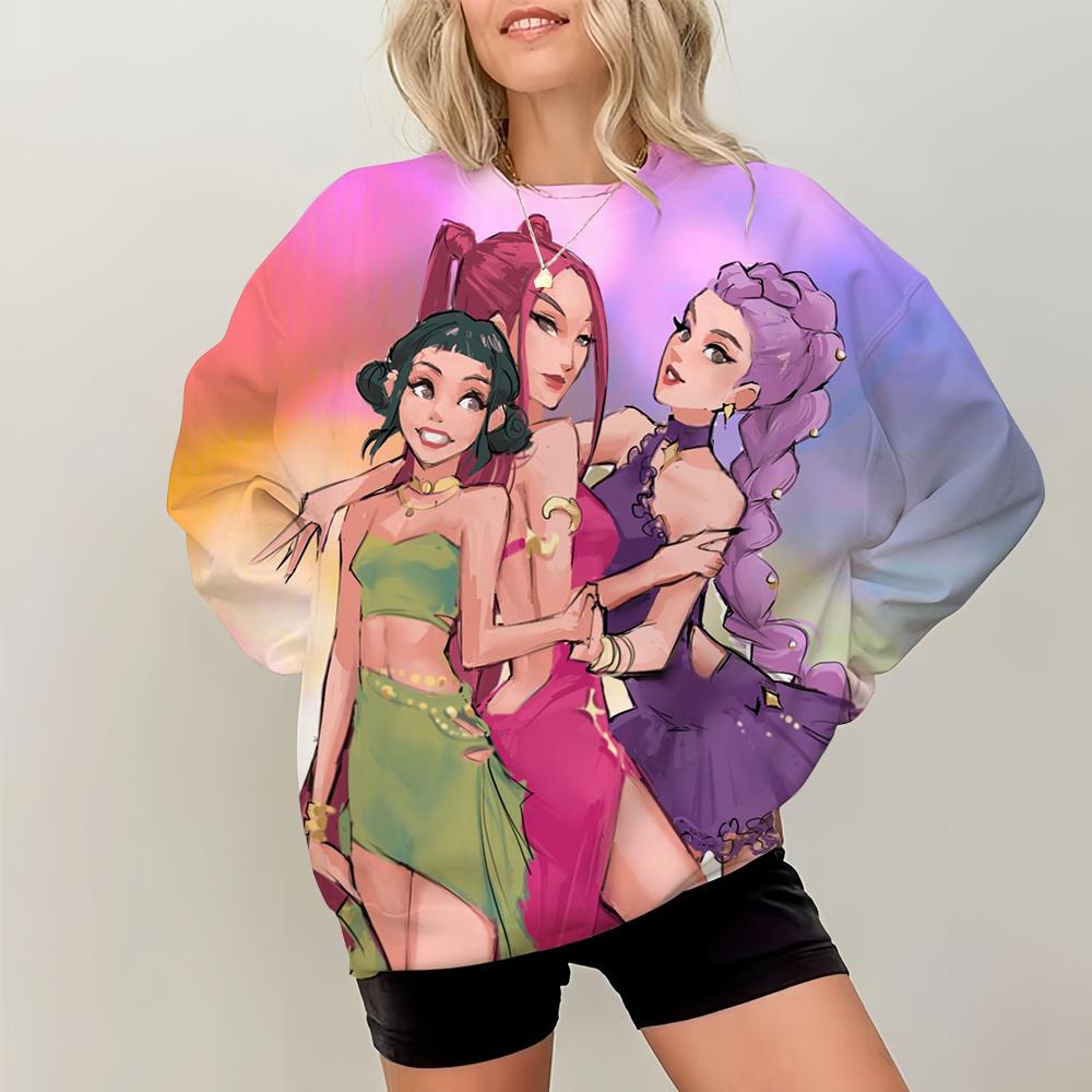 Simple Womens Pullovers KPop Demon Hunters Print Loose Sweatshirts Soft Female Clothing