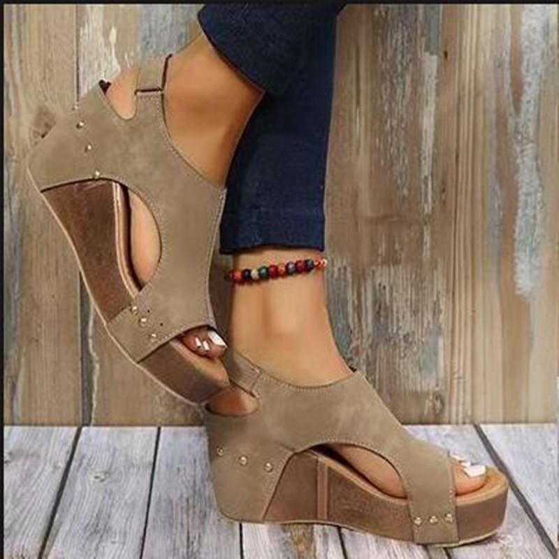 

Summer Women s Roman Sandals Retro Rivet Decoration Wedges Shoes Fashion Peep Toe Beach Vacation Ladies Sandalias 43 темного кольору хакі