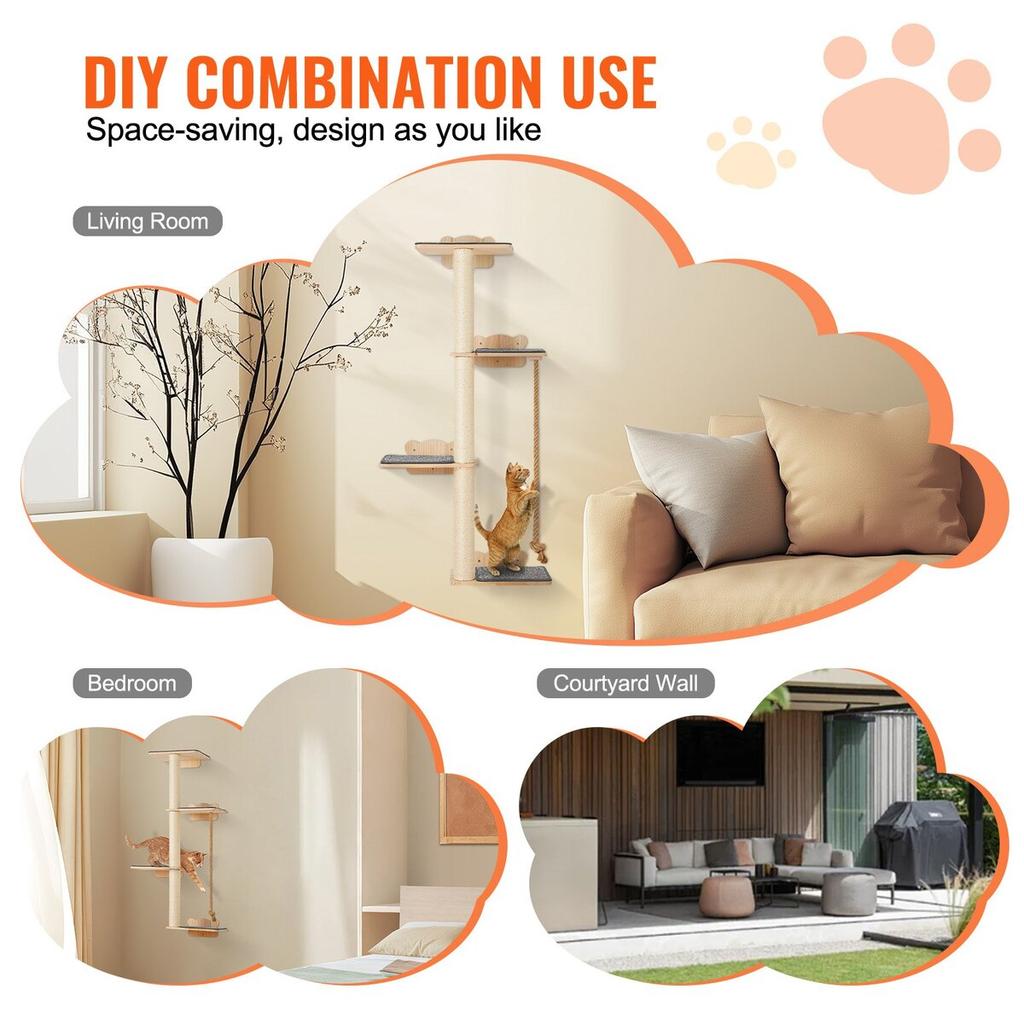 Wall Mounted Cat Shelves Tree with Platform Tree-Shaped Cat Furniture