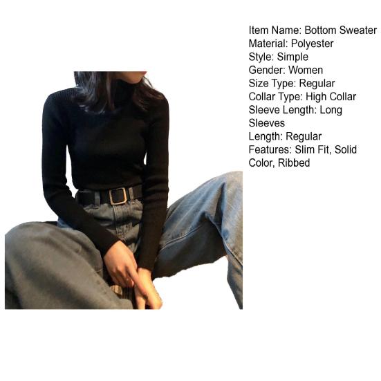 Women Sweater Turtleneck Long Sleeve Slim Fit Knitting Tops Solid Color Soft Elastic Fabric
