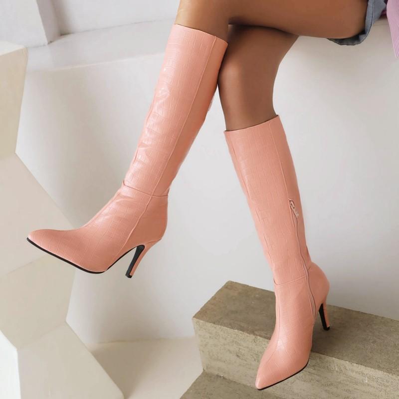 Snake Leather Women High Knee Boots Pointed Toe Thin Heel Zipper Cowboy Boots Winter Shoes Ladies Footwear Large Size 45 48