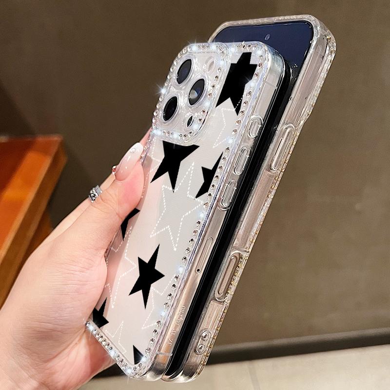 Stars Pattern Diamond Frame Clear Soft Silicone Case For iPhone 16 Pro Max 16E 15 14 Pro 13 12 11 Lens Protection Shockproof Phone Cover