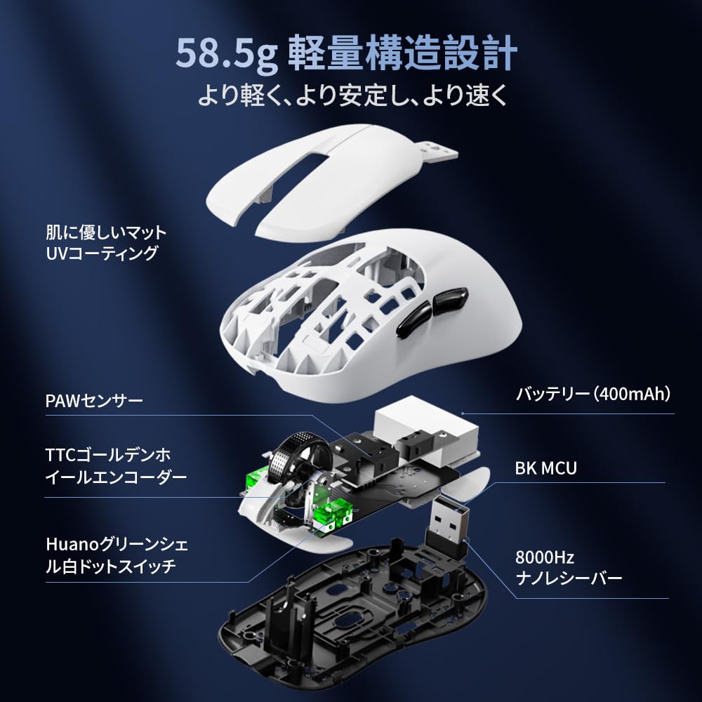 Mouse de gaming DELUX M500PRO, sondaj 8000Hz pentru dispozitive mici, senzor PAW3395 în 3 moduri, durată de viață a clicurilor de 100 de milioane, bază de încărcare magnetică inclusă, fără fir, 60,5 g